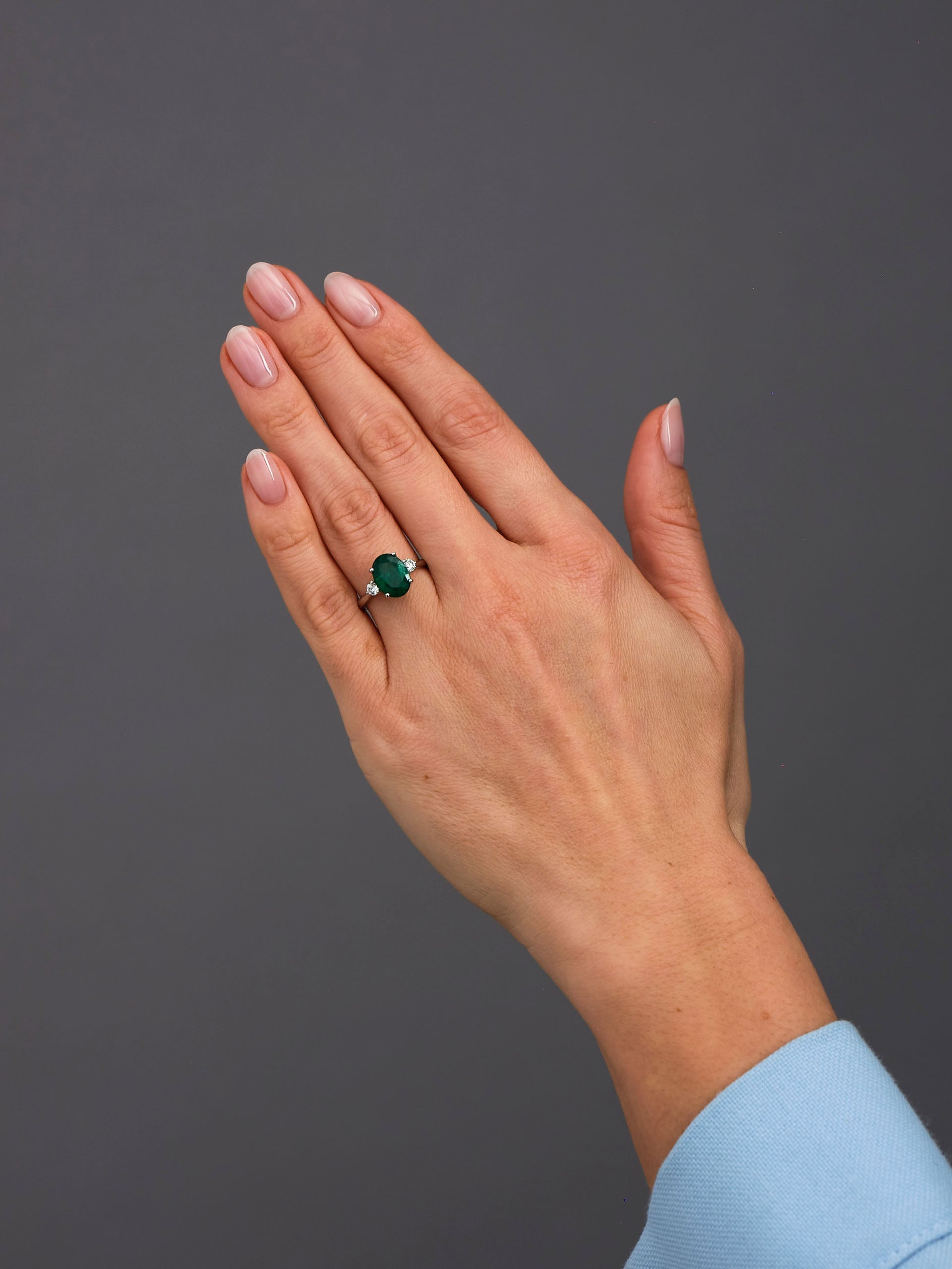 3ct Emerald Oval Trilogy Lab Grown Diamond Engagement Rings.