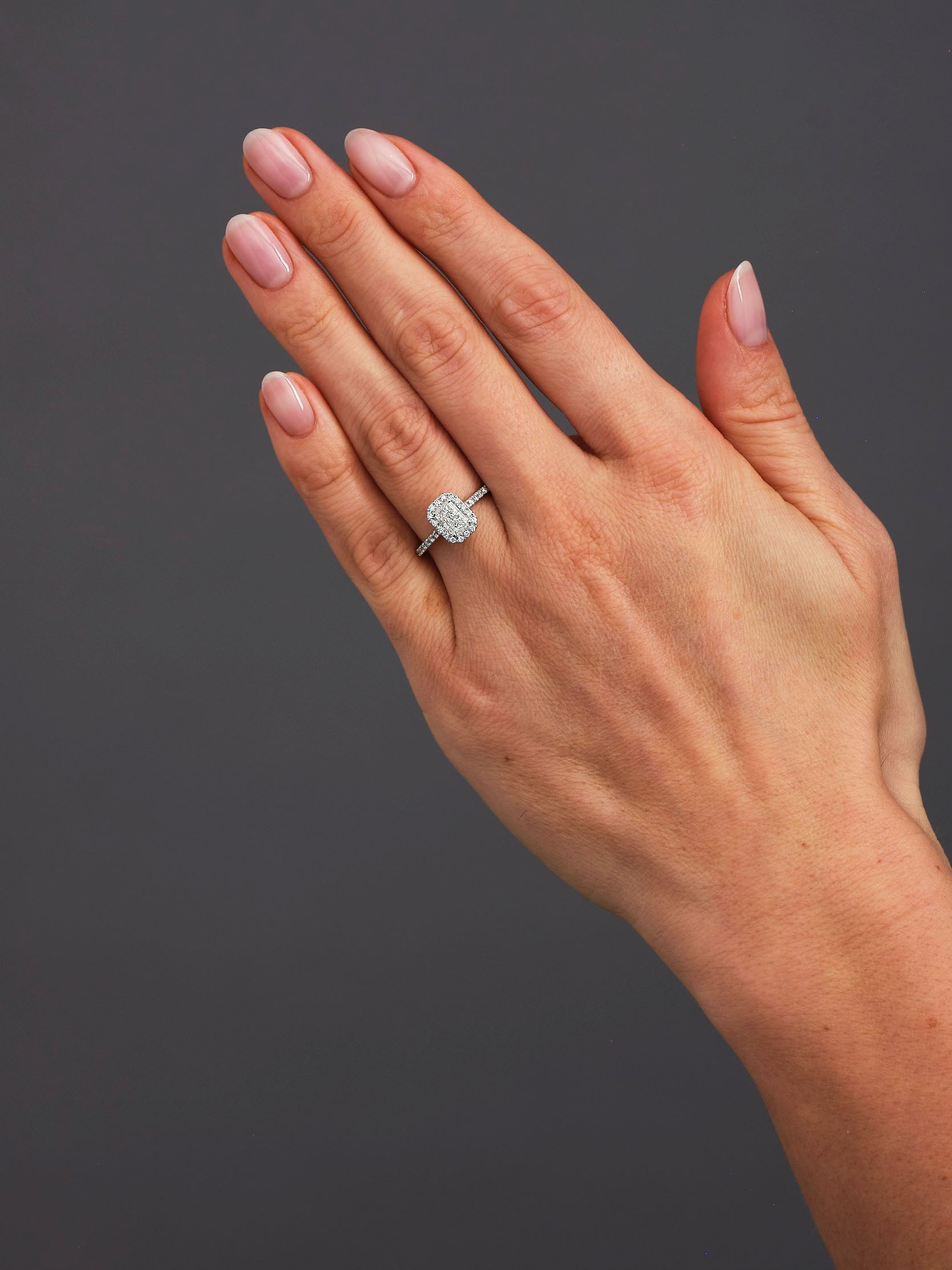 0.70ct Radiant Seamless Halo lab grown Diamond Engagement Rings.