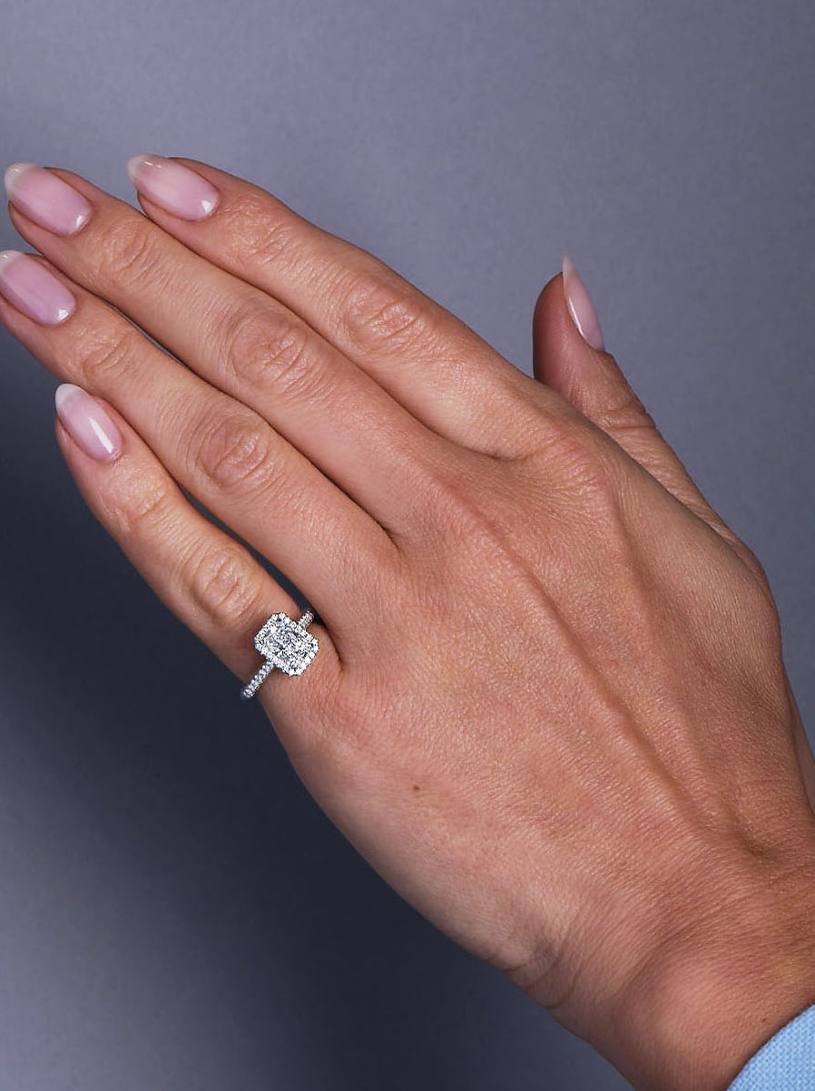 1.50ct Radiant Seamless Halo in a 3D band Diamond Engagement Rings.