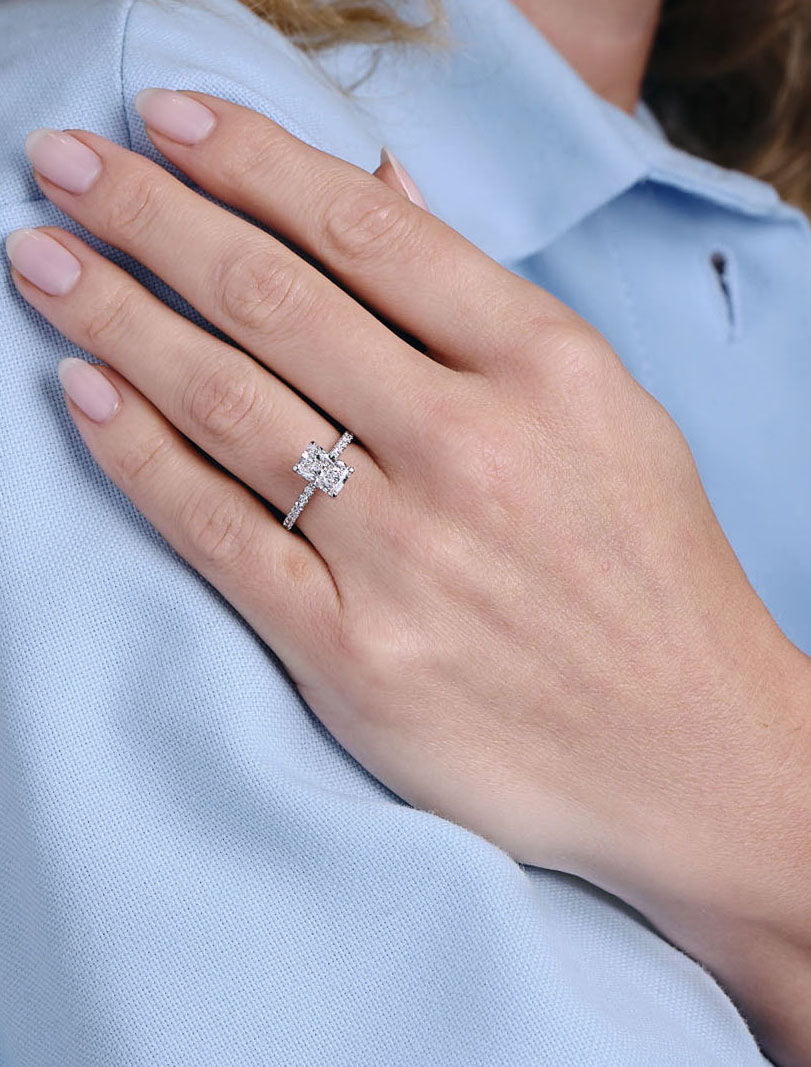 1.80ct Radiant Hidden Halo lab grown Diamond Engagement Rings.