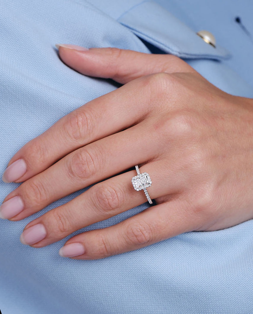 1ct Radiant Seamless Halo lab grown Diamond Engagement Rings.