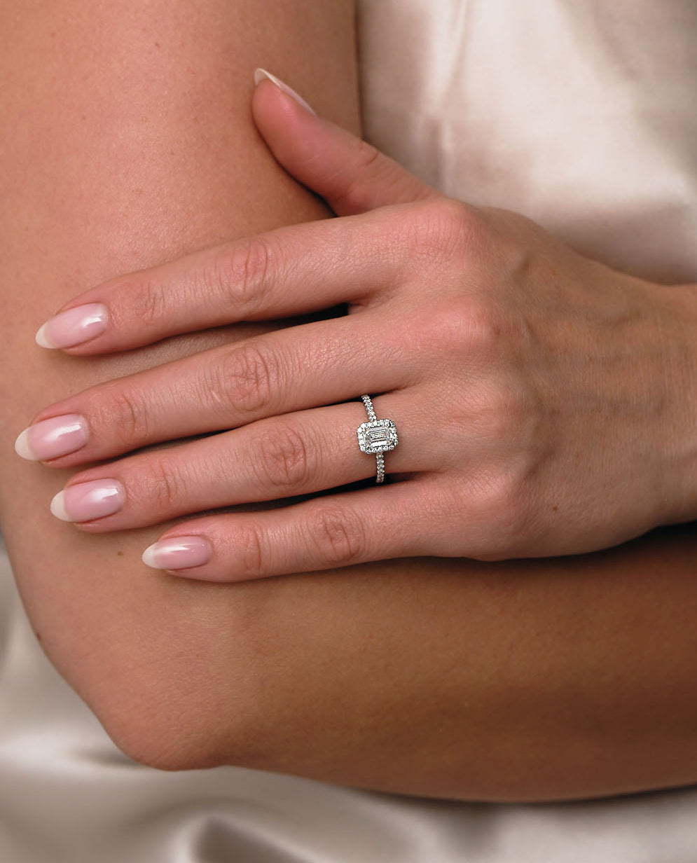 0.70ct Emerald Seamless Halo lab grown diamond engagement rings.