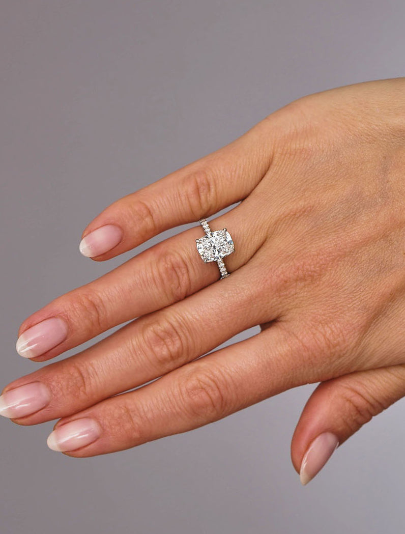 3.80ct Elongated Cushion Hidden Halo Lab Grown Diamond Engagement Rings.