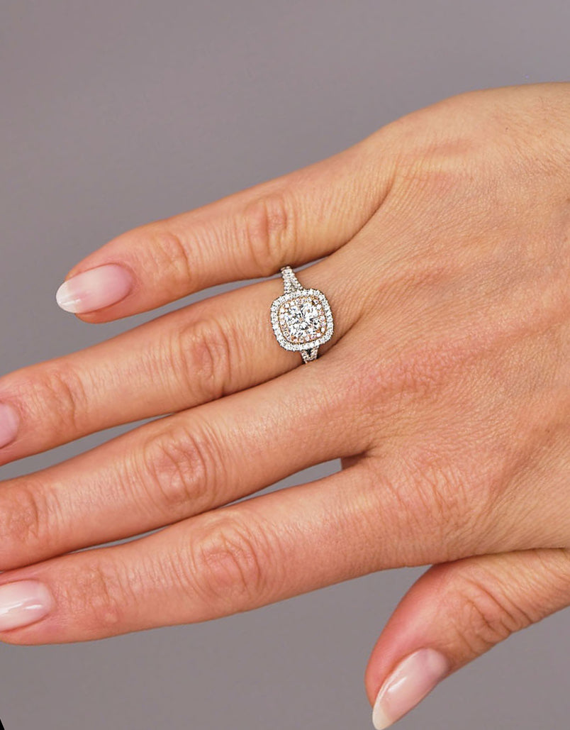 1ct Cushion Seamless Double Halo Lab Grown Diamond Engagement Rings.