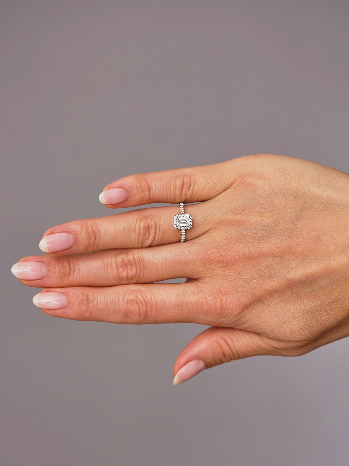 0.70ct Emerald Seamless Halo lab grown diamond engagement rings.