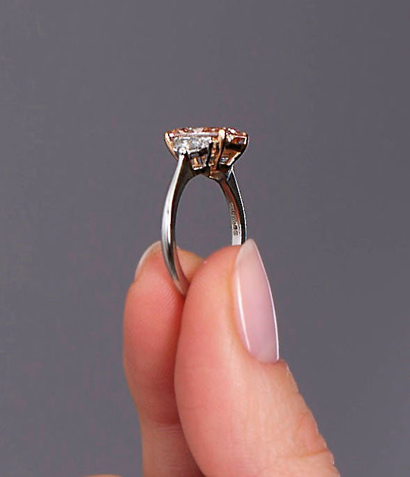 2.25ct Pink Radiant Trilogy lab grown Diamond Engagement Rings.