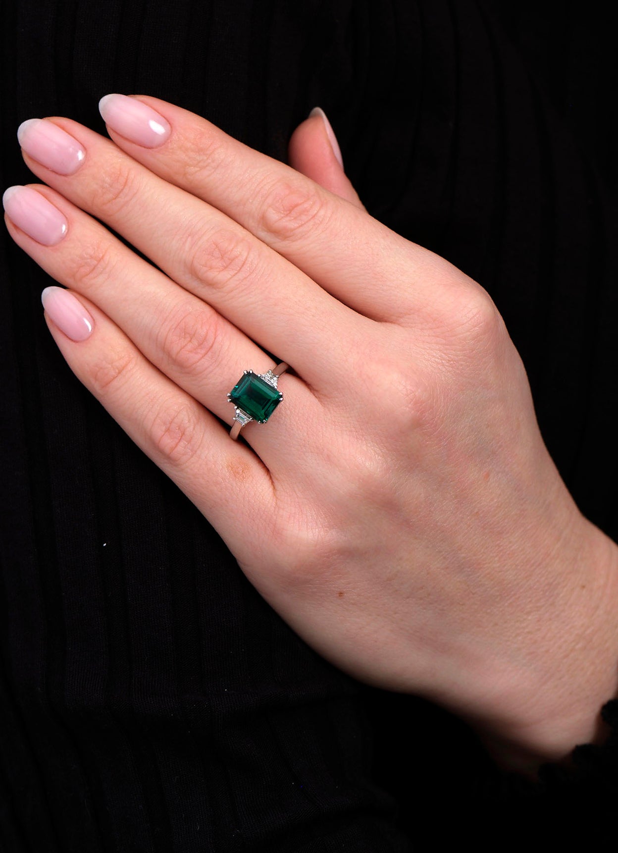 Lab 3ct Emerald Trilogy Lab Grown Diamond Engagement Rings.