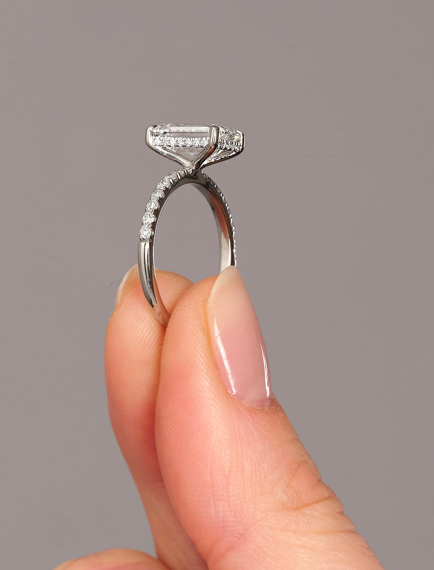 2.50ct Emerald Hidden Halo Shoulders Diamond Engagement Rings.