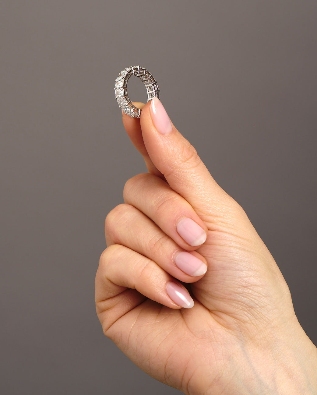 Side profile of the stunning 6.50ct radiant diamond band, part of our engagement rings for women range.