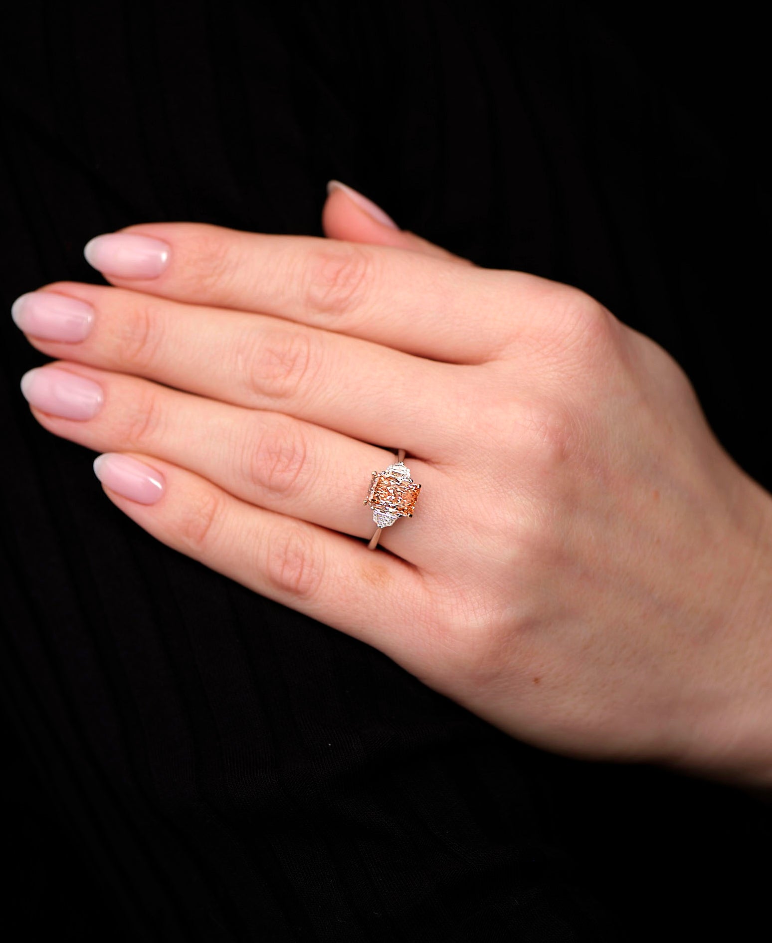 2.25ct Pink Radiant Trilogy lab grown Diamond Engagement Rings.