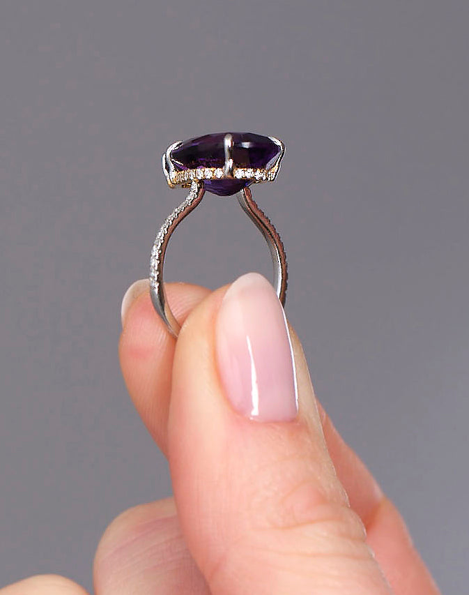 5ct Amethyst Pear Invisible Halo Lab Grown Diamond Engagement Rings.