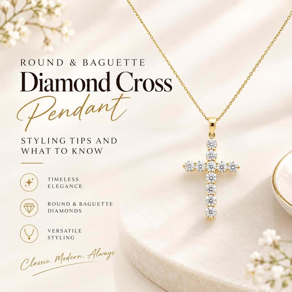 Round and Baguette Diamond Cross Pendant