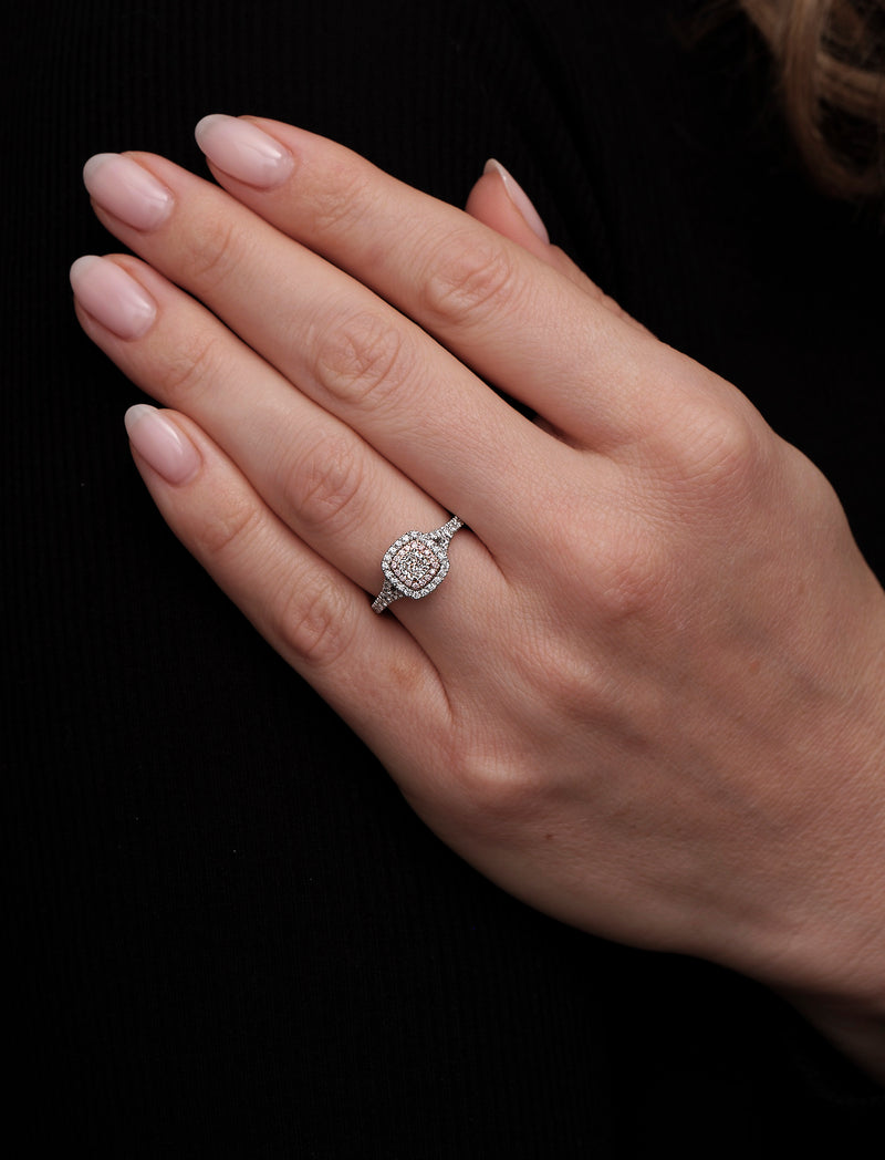 Cushion Cut Pink Diamonds Double Halo Lab Grown Engagement Rings.