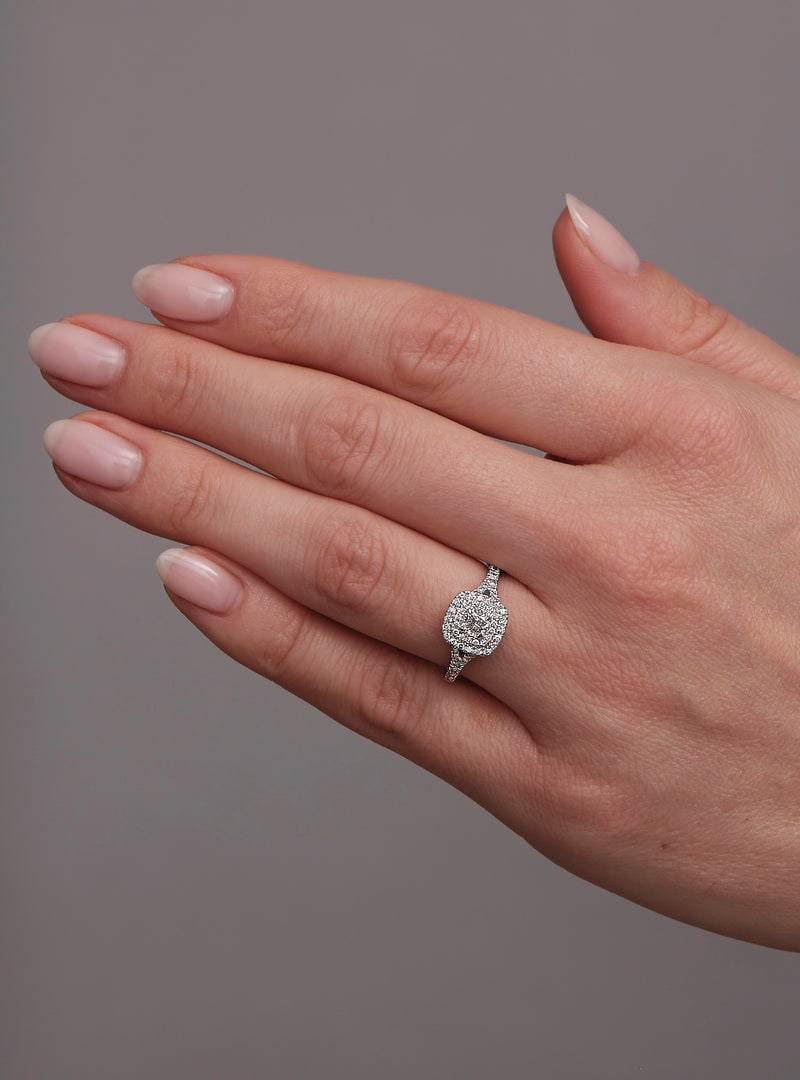 0.35ct Cushion Split Shoulder Halo Lab Grown Diamond Engagement Rings.