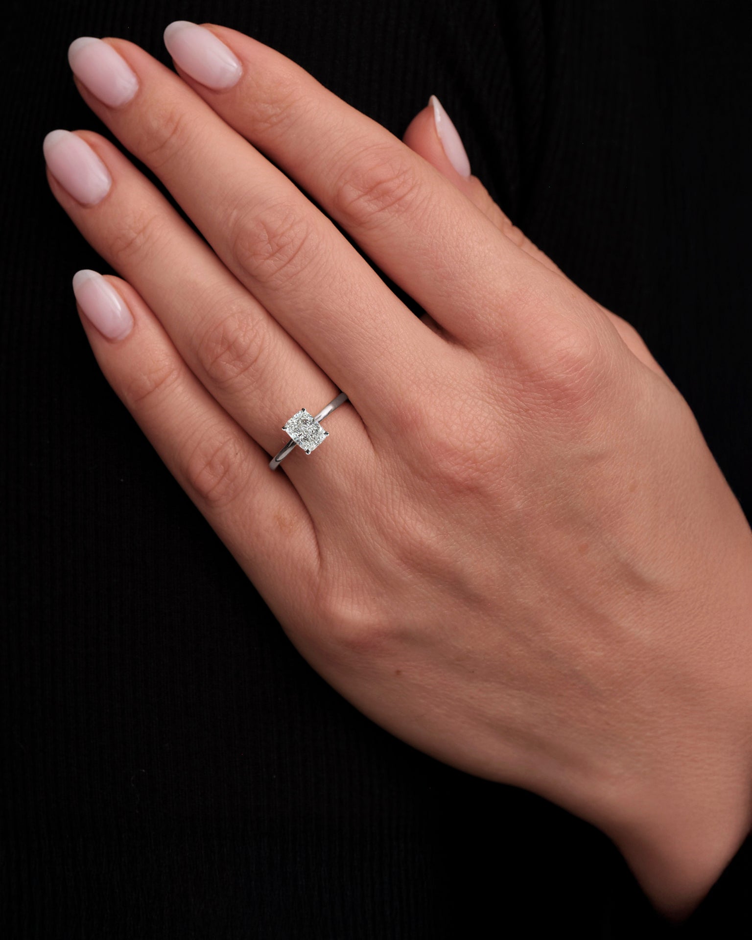 1.20ct Cushion Cut Lab Grown Diamond Plain band cathedral set diamond hidden halo engagement ring, platinum on hand