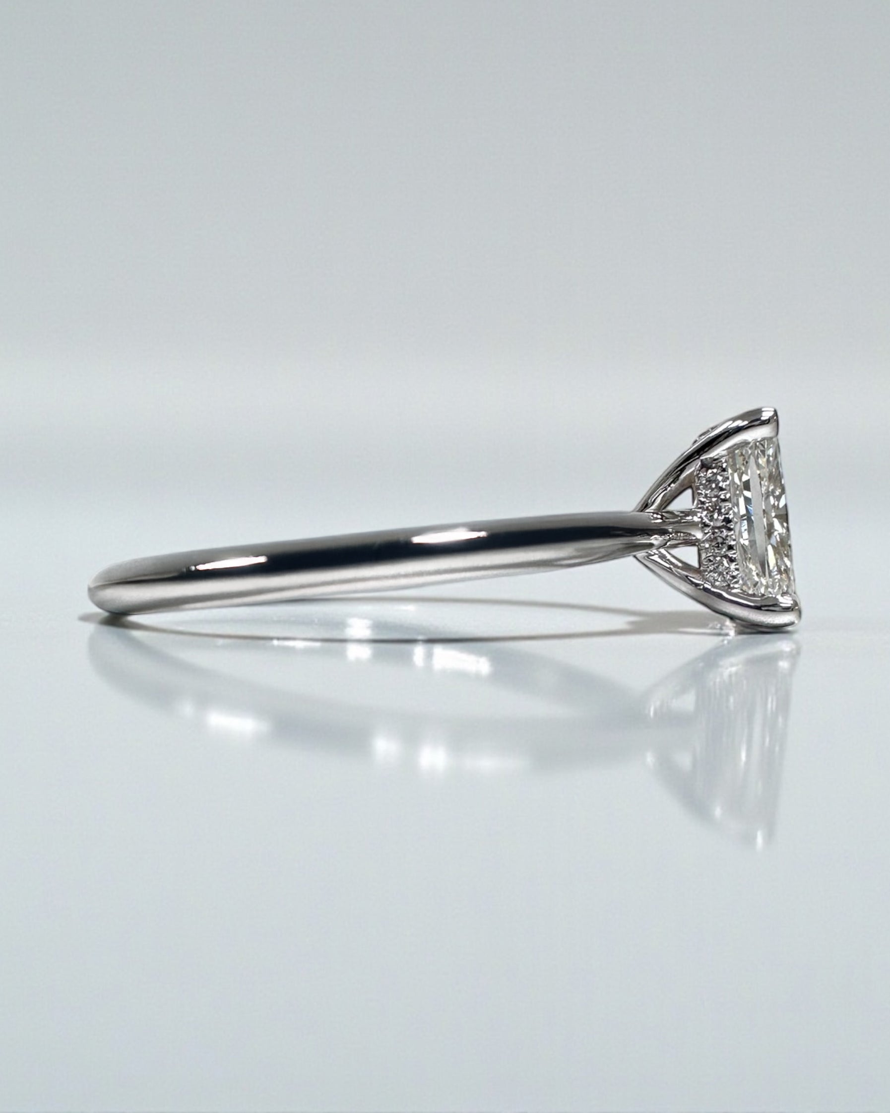 1.20ct Cushion Cut Lab Grown Diamond Plain band cathedral set diamond hidden halo engagement ring, platinum