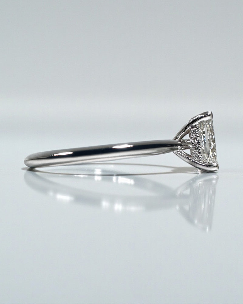 1.20ct Cushion Cut Lab Grown Diamond Plain band cathedral set diamond hidden halo engagement ring, platinum