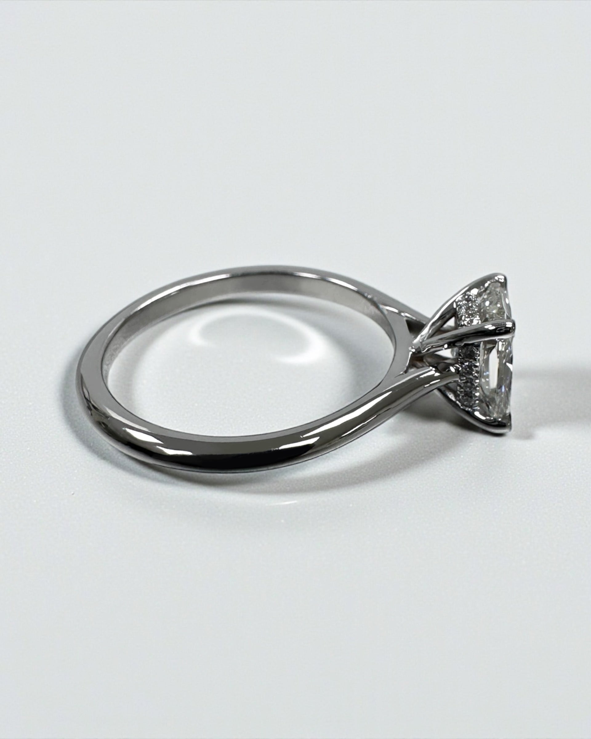 1.20ct Cushion Cut Lab Grown Diamond Plain band cathedral set diamond hidden halo engagement ring, platinum