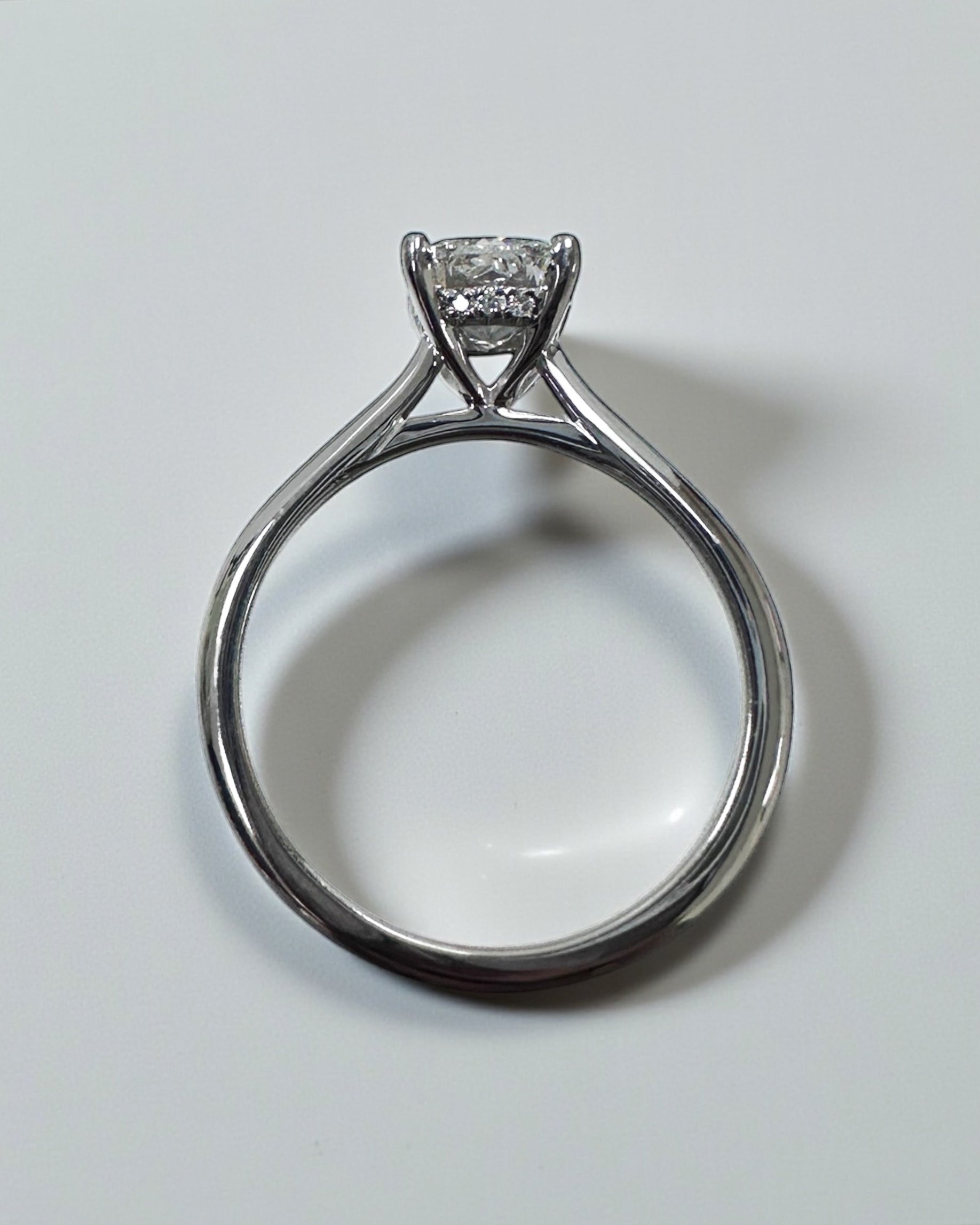 1.20ct Cushion Cut Lab Grown Diamond Plain band cathedral set diamond hidden halo engagement ring, platinum