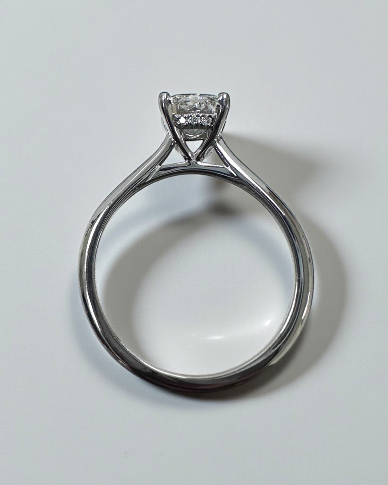 1.20ct Cushion Cut Lab Grown Diamond Plain band cathedral set diamond hidden halo engagement ring, platinum