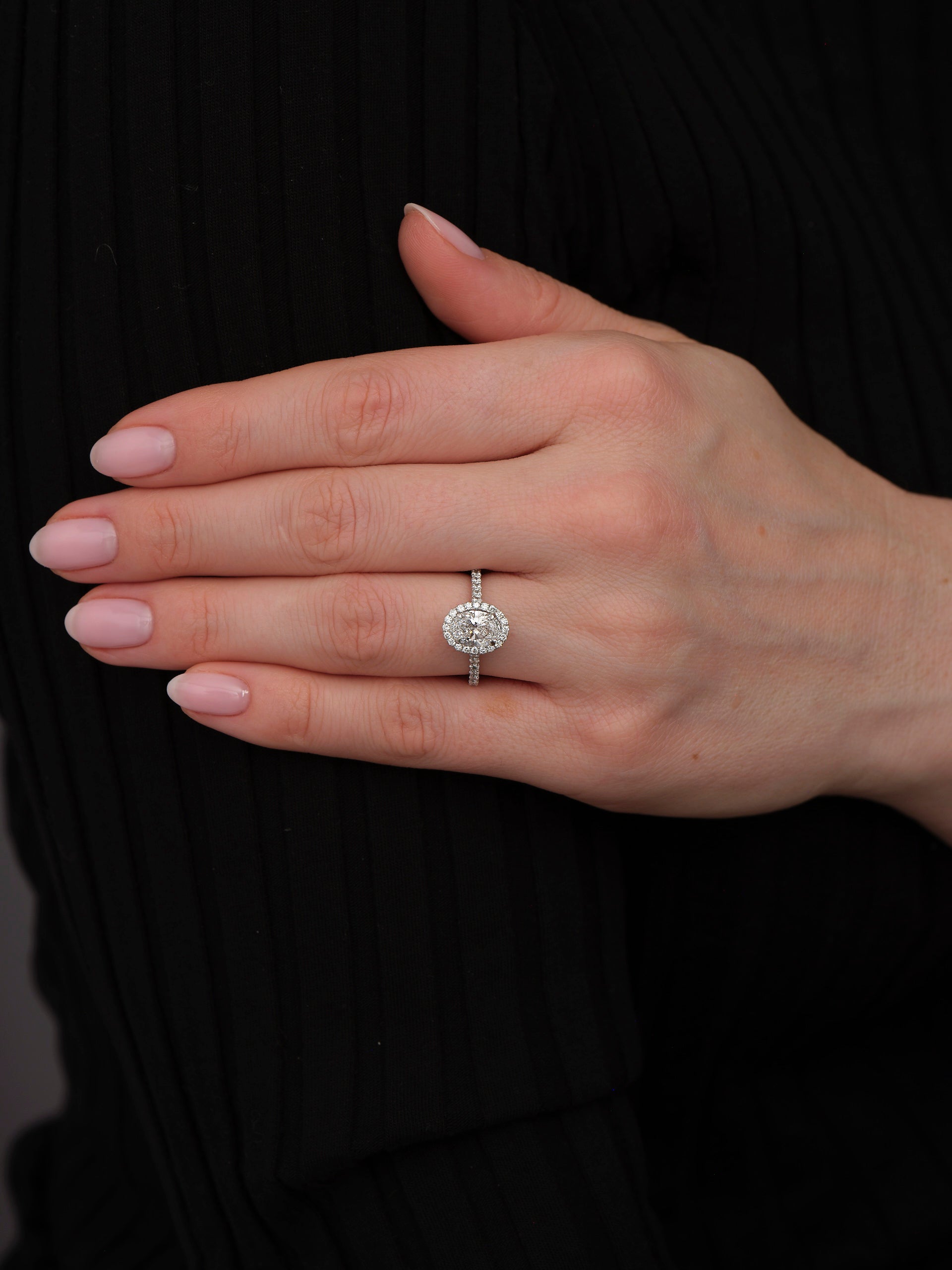 1.30ct Oval Seamless Halo Lab Grown Diamond Engagement Rings in London.