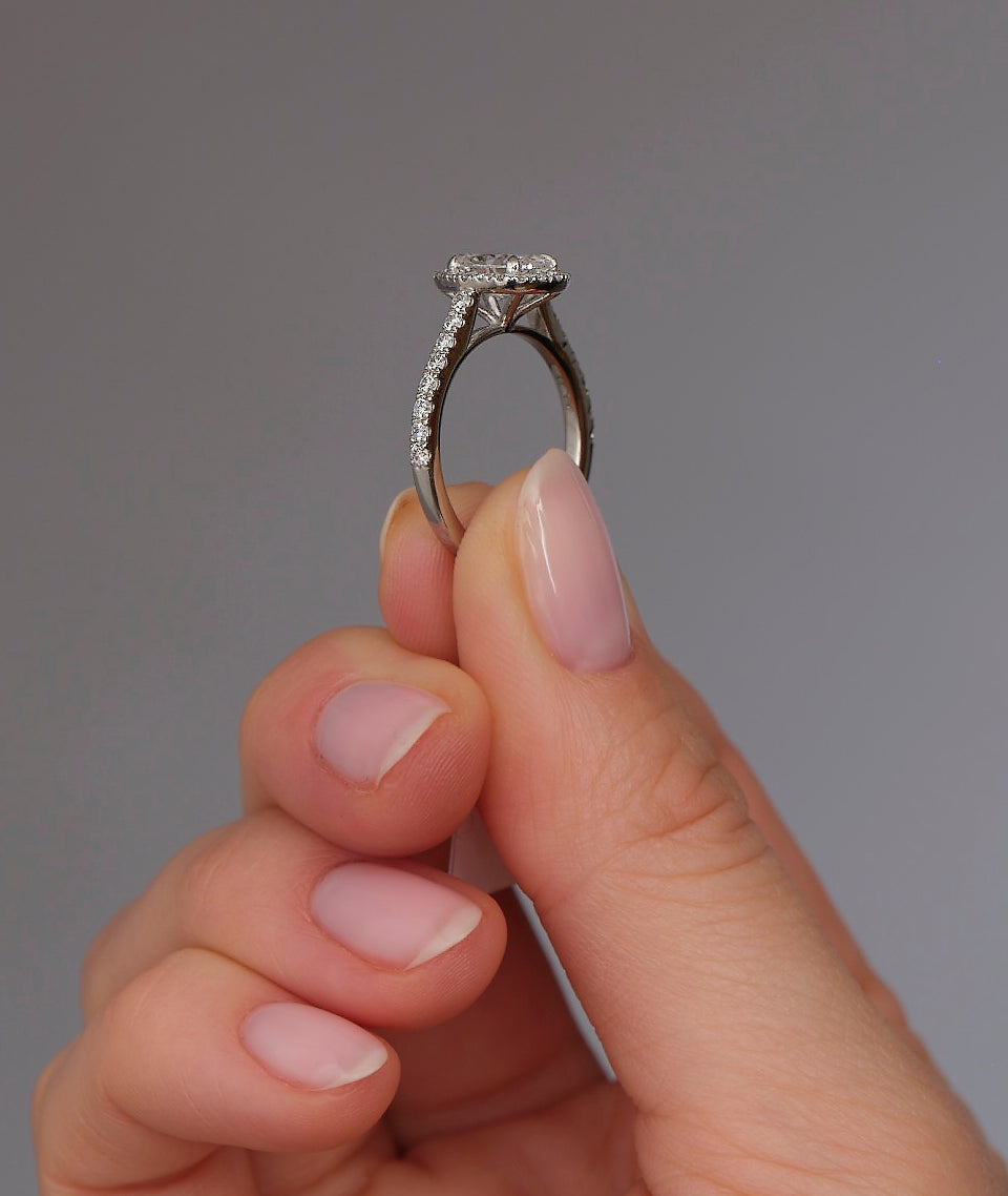 1.30ct Oval Seamless Halo Lab Grown Diamond Engagement Rings in London.