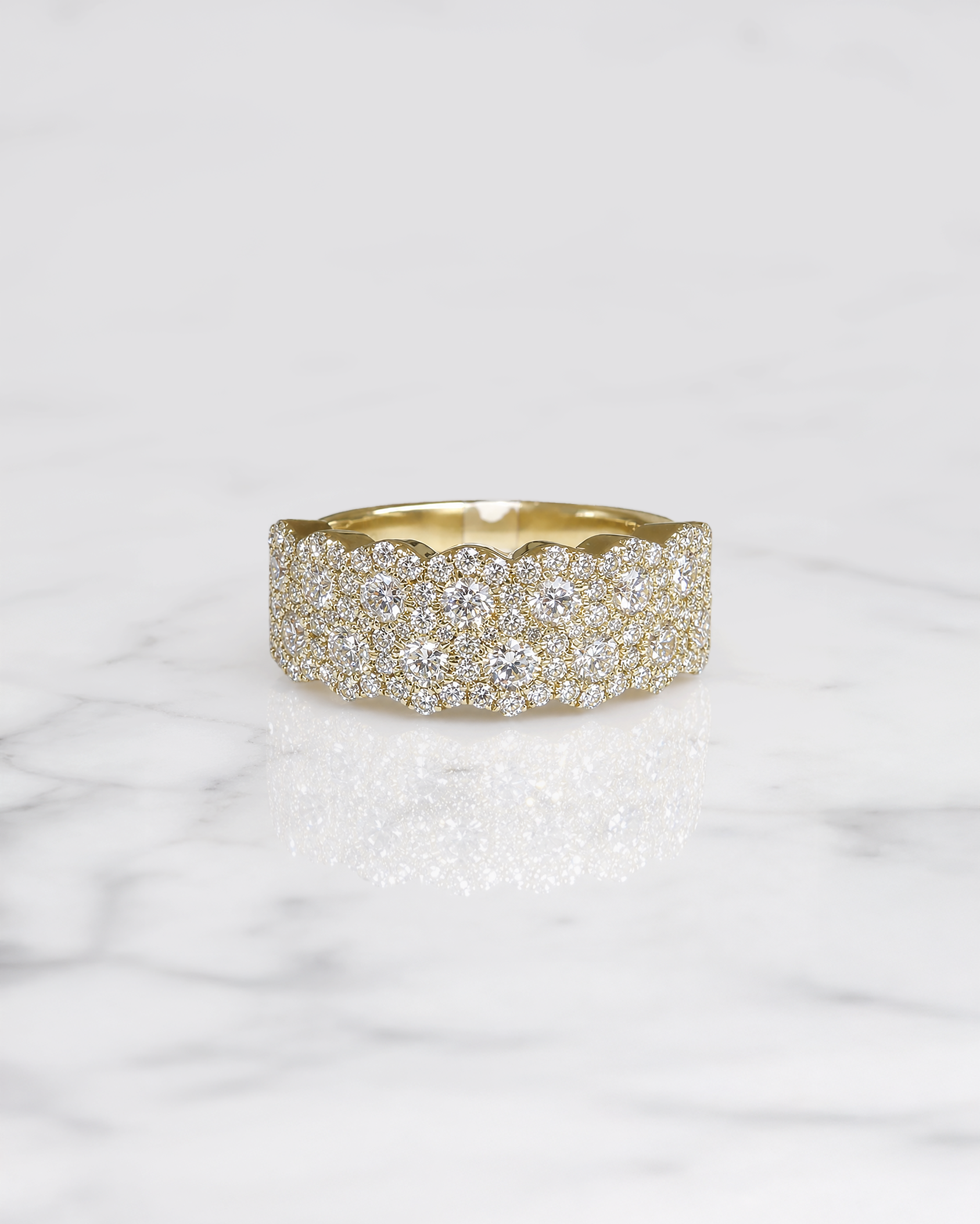 1.35ct multi row round diamond cluster dress ring with 8mm wide diamond set band in yellow gold
