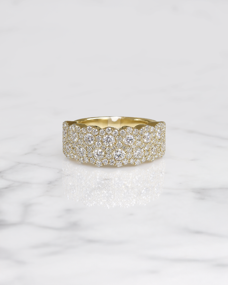 1.35ct multi row round diamond cluster dress ring with 8mm wide diamond set band in yellow gold
