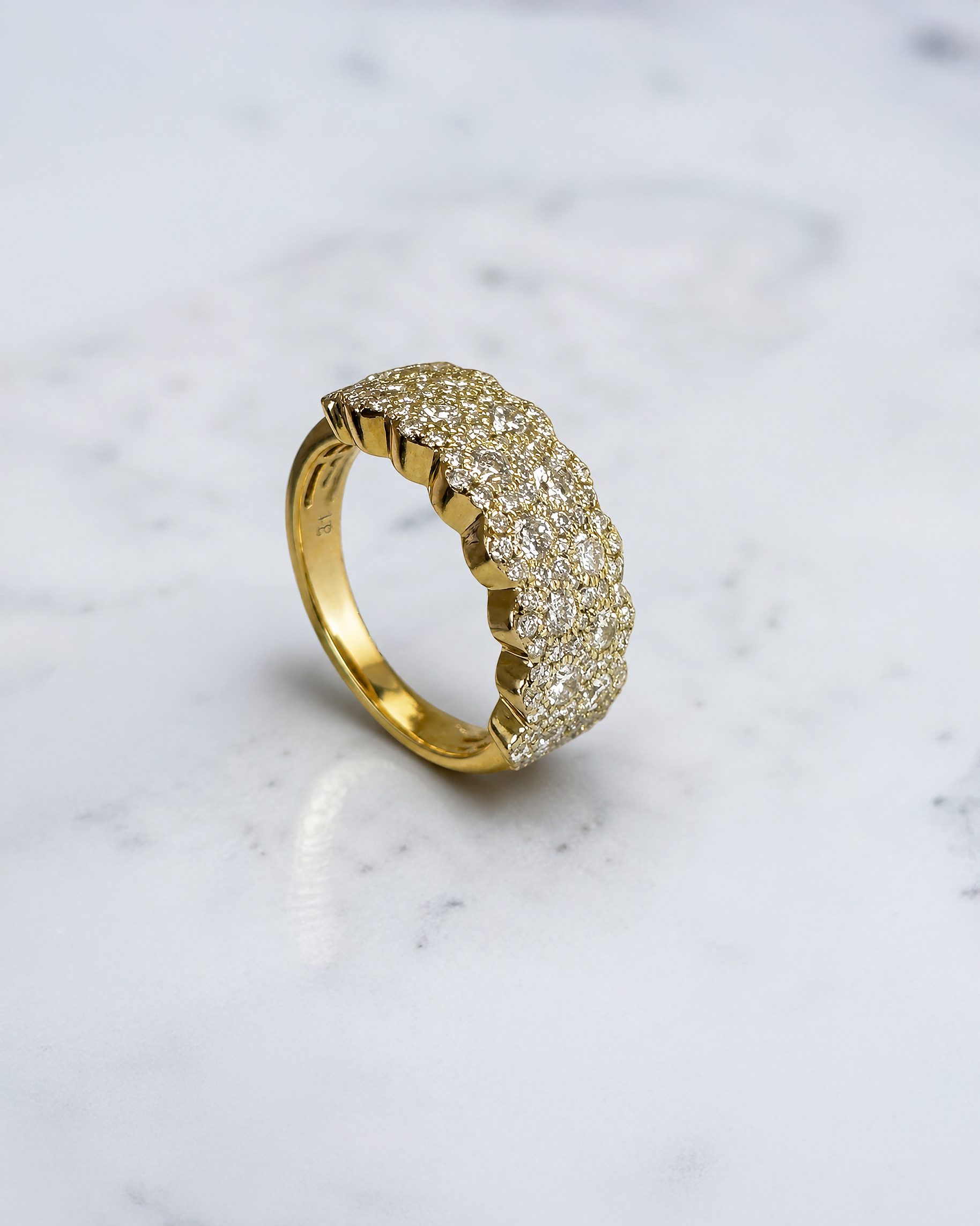 1.35ct multi row round diamond cluster dress ring with 8mm wide diamond set band in yellow gold
