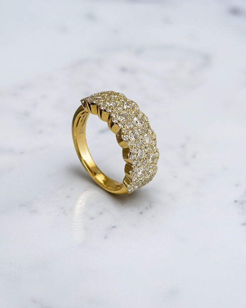 1.35ct multi row round diamond cluster dress ring with 8mm wide diamond set band in yellow gold
