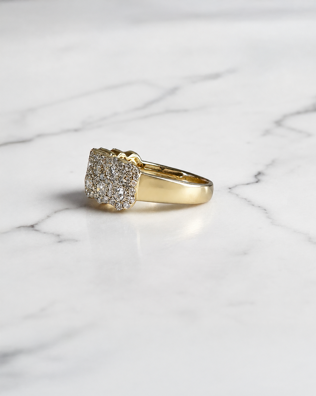 1.35ct multi row round diamond cluster dress ring with 8mm wide diamond set band in yellow gold
