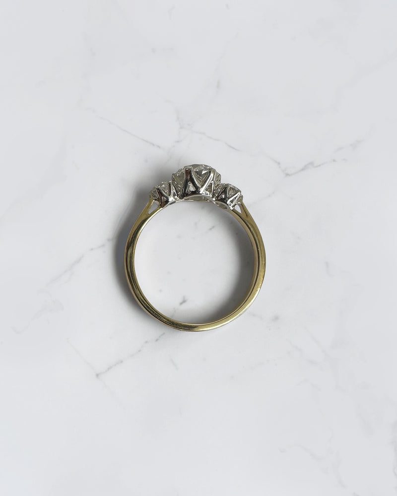 1.40ct Old Mine Cut trilogy diamond engagement ring with 1ct centre diamond, platinum setting and 18ct yellow gold band.
