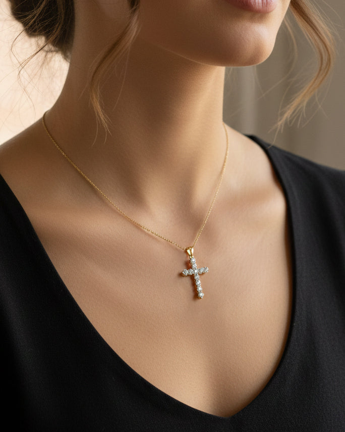 1.50ct lab grown diamond cross pendant necklace with chain in 9kt or 18kt yellow or white gold on neck