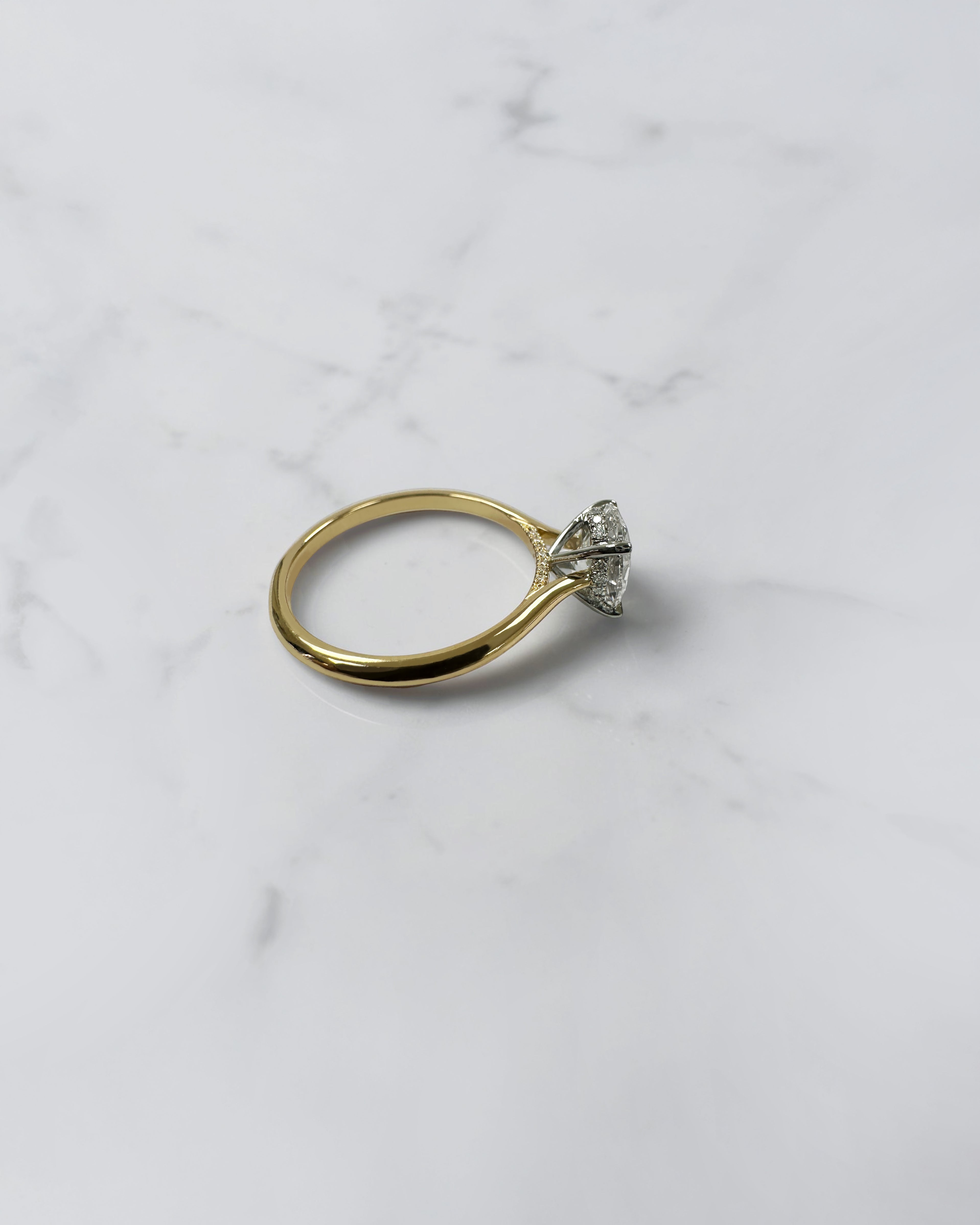 Oval diamond engagement ring side view, cathedral setting with hidden diamond bridge, platinum head and yellow gold band