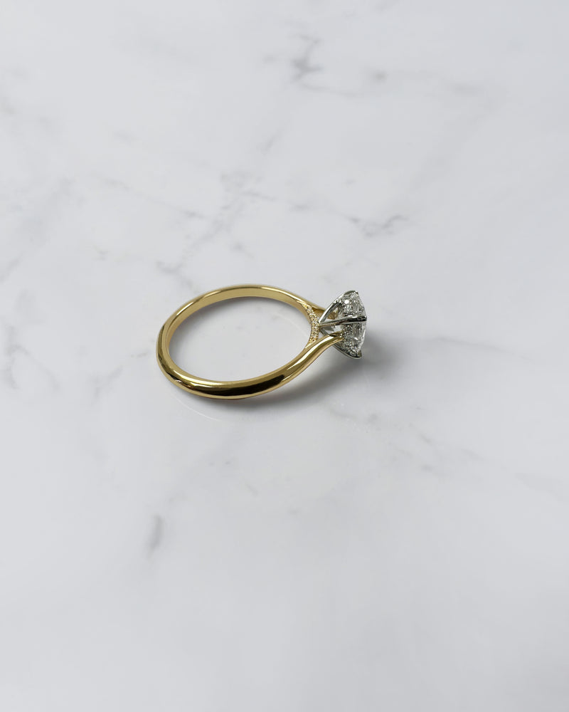 Oval diamond engagement ring side view, cathedral setting with hidden diamond bridge, platinum head and yellow gold band