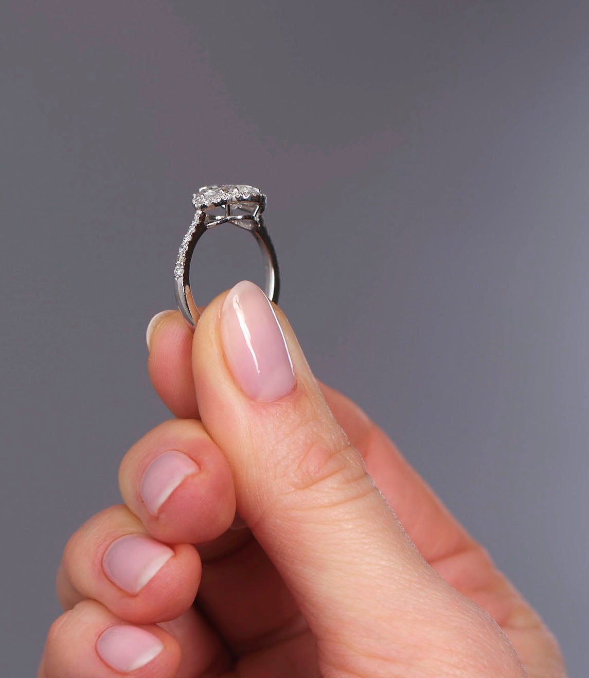 1.50ct Oval Half Moon Halo Trilogy Lab Grown Diamond Engagement Rings.