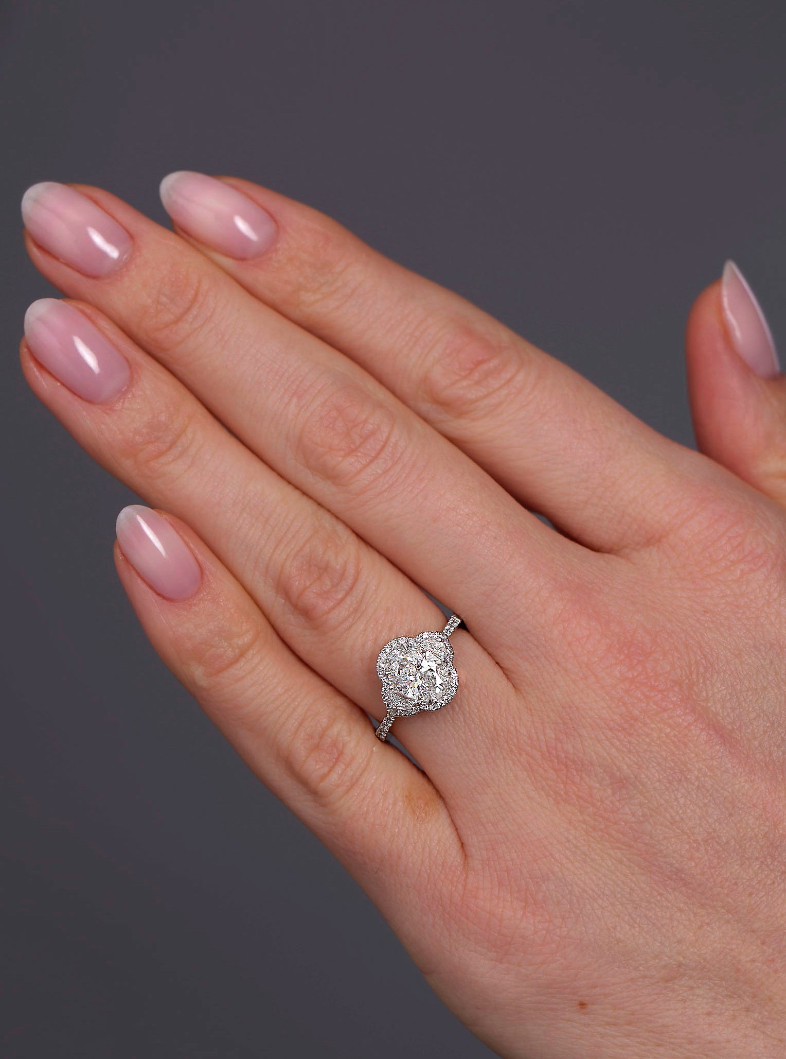 1.50ct Oval Half Moon Halo Trilogy Lab Grown Diamond Engagement Rings.