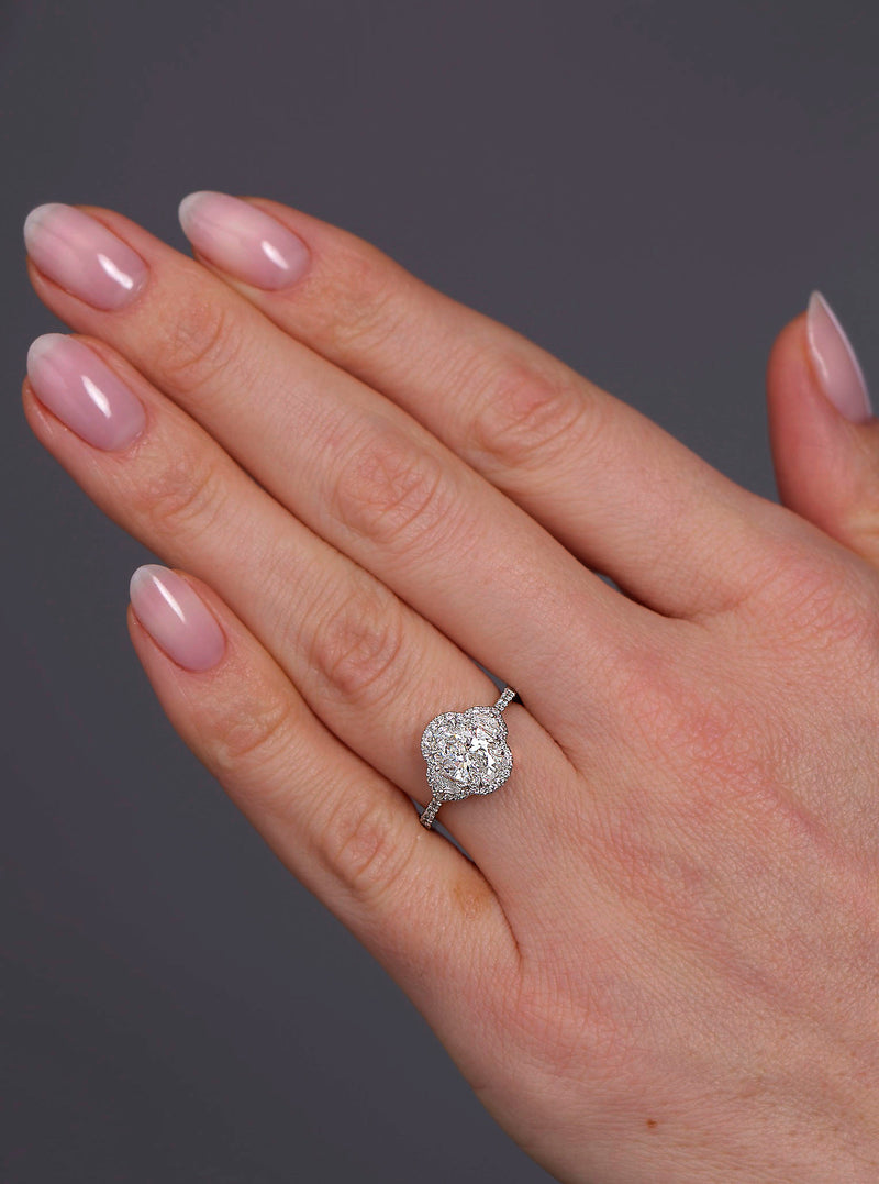 1.50ct Oval Half Moon Halo Trilogy Lab Grown Diamond Engagement Rings.