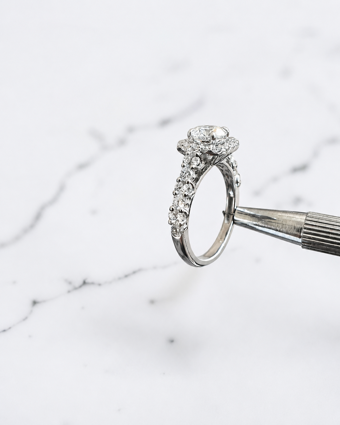 1ct round halo lab grown diamond engagement ring with fancy diamond set shoulders, 1.75ct total diamonds, handcrafted in 9ct white or yellow gold.