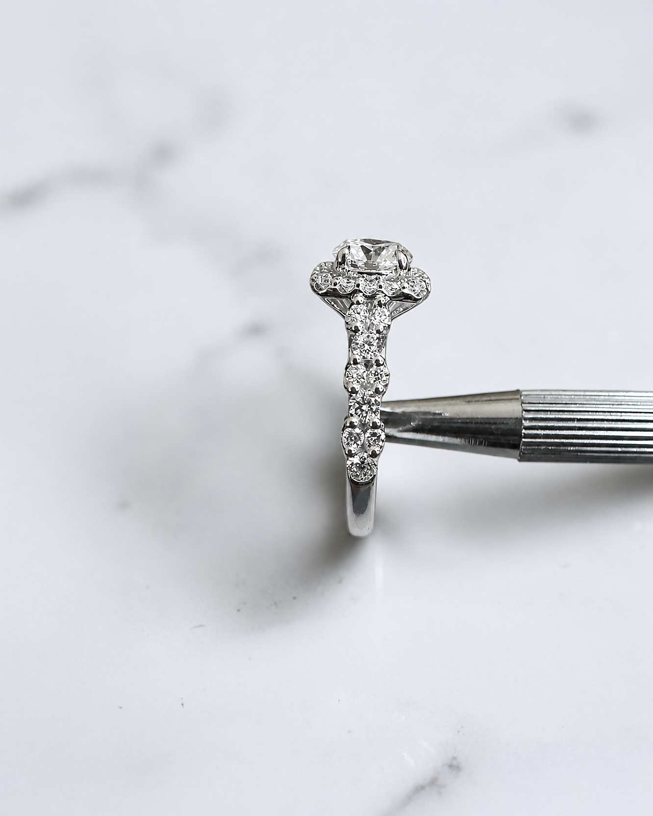 1ct round halo lab grown diamond engagement ring with fancy diamond set shoulders, 1.75ct total diamonds, handcrafted in 9ct white or yellow gold.