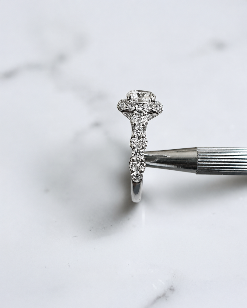 1ct round halo lab grown diamond engagement ring with fancy diamond set shoulders, 1.75ct total diamonds, handcrafted in 9ct white or yellow gold.