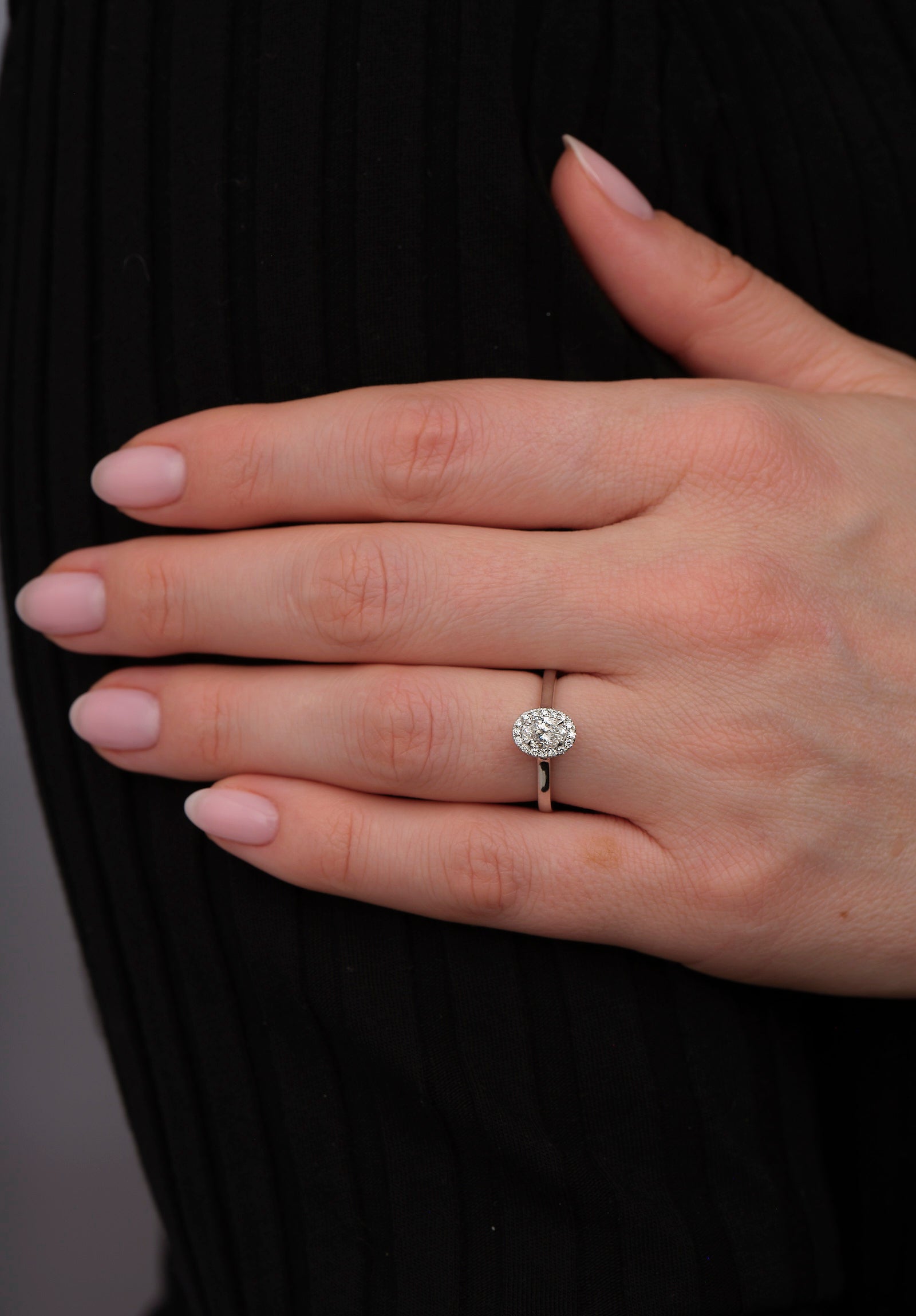0.50ct Oval Halo Plain Band Lab Grown Diamond Engagement Rings.