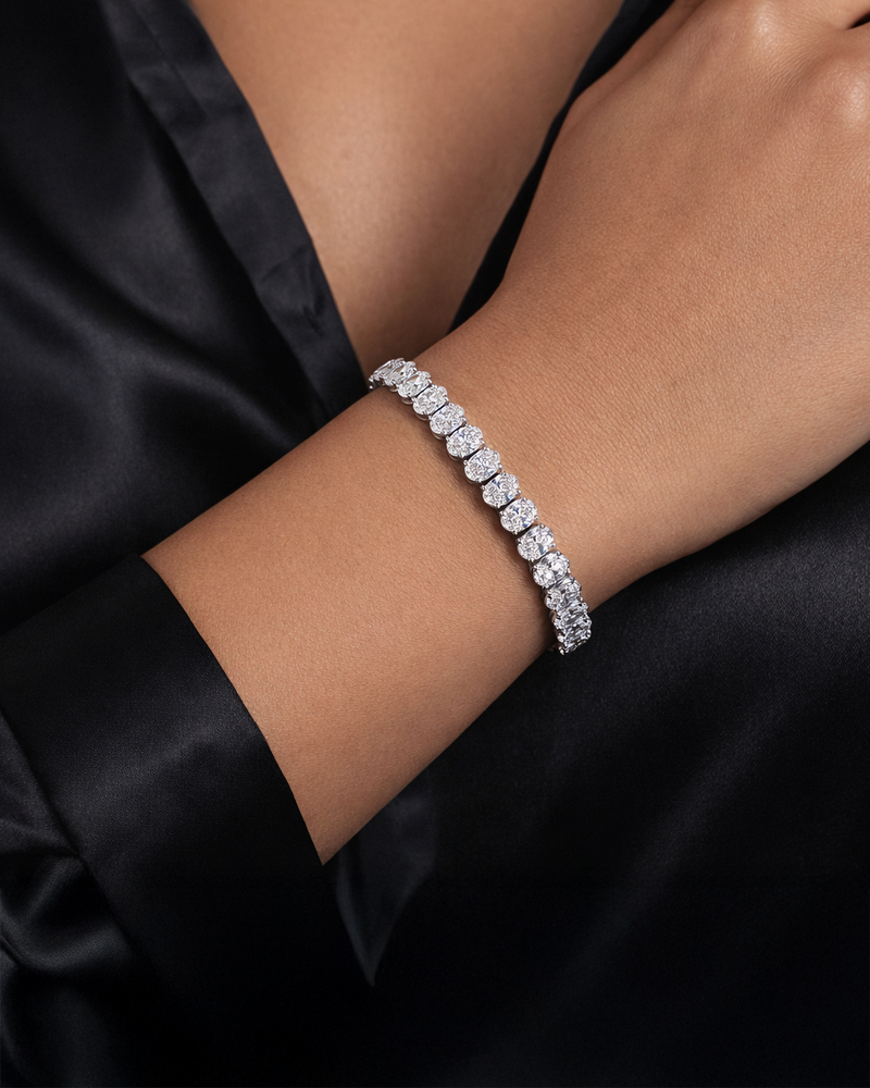 15ct Oval cut diamond gold tennis bracelet on hand arm Layla diamonds 