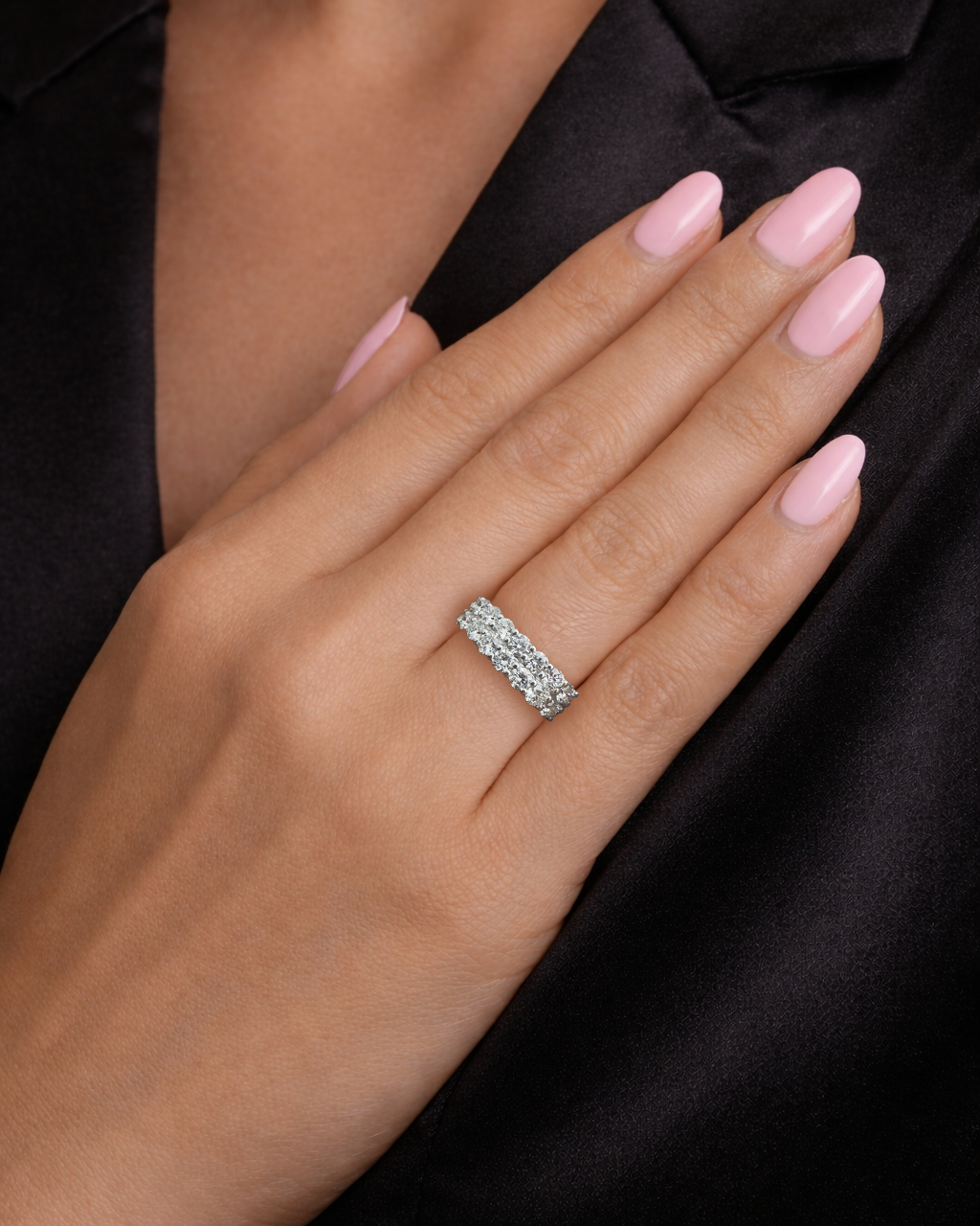 double row diamond eternity ring with round brilliant diamonds arranged in a continuous double row. 9kt or 18kt white or yellow gold or platinum on hand