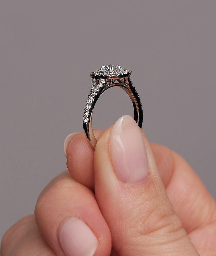 0.35ct Cushion Split Shoulder Halo Lab Grown Diamond Engagement Rings.
