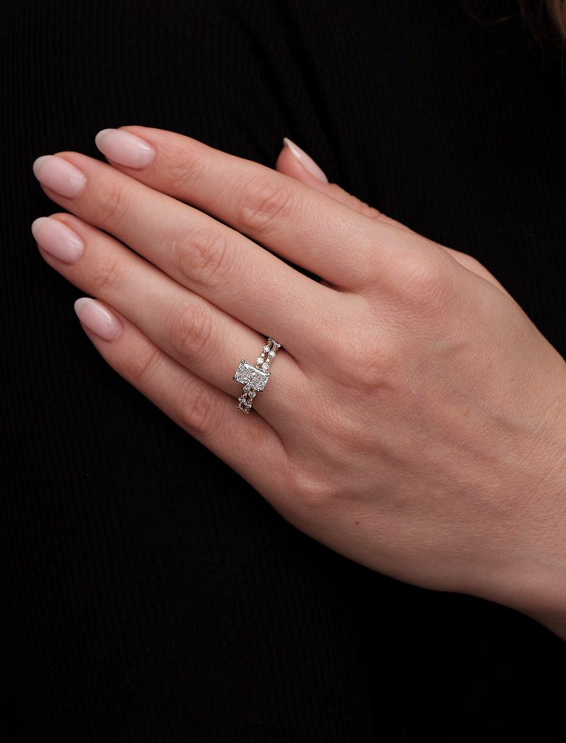 1.50ct Radiant Bubble Setting lab grown Diamond Engagement Rings.