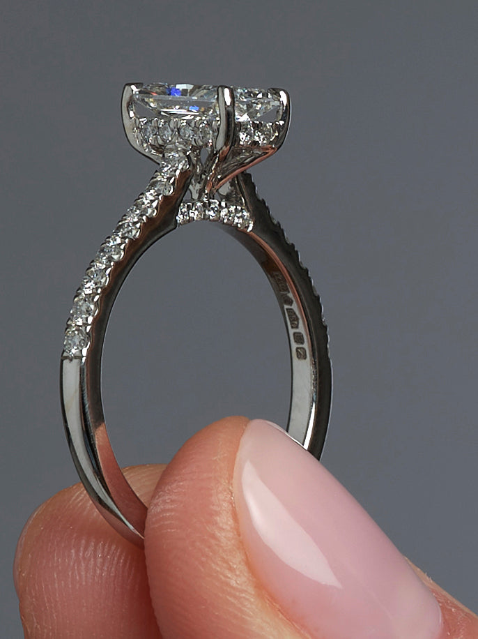 1ct Lab Grown Radiant Cut Diamond Engagement Ring in Cathedral Setting with Diamonds on the Band, Bridge, and Hidden Diamond Halo