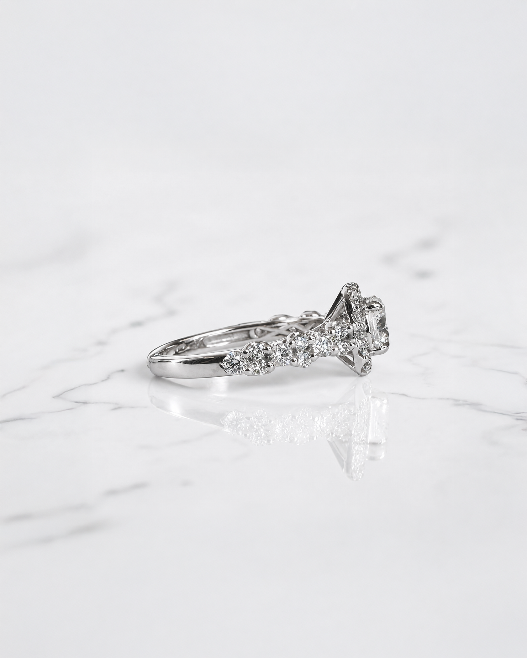 1ct round halo lab grown diamond engagement ring with fancy diamond set shoulders, 1.75ct total diamonds, handcrafted in 9ct white or yellow gold.