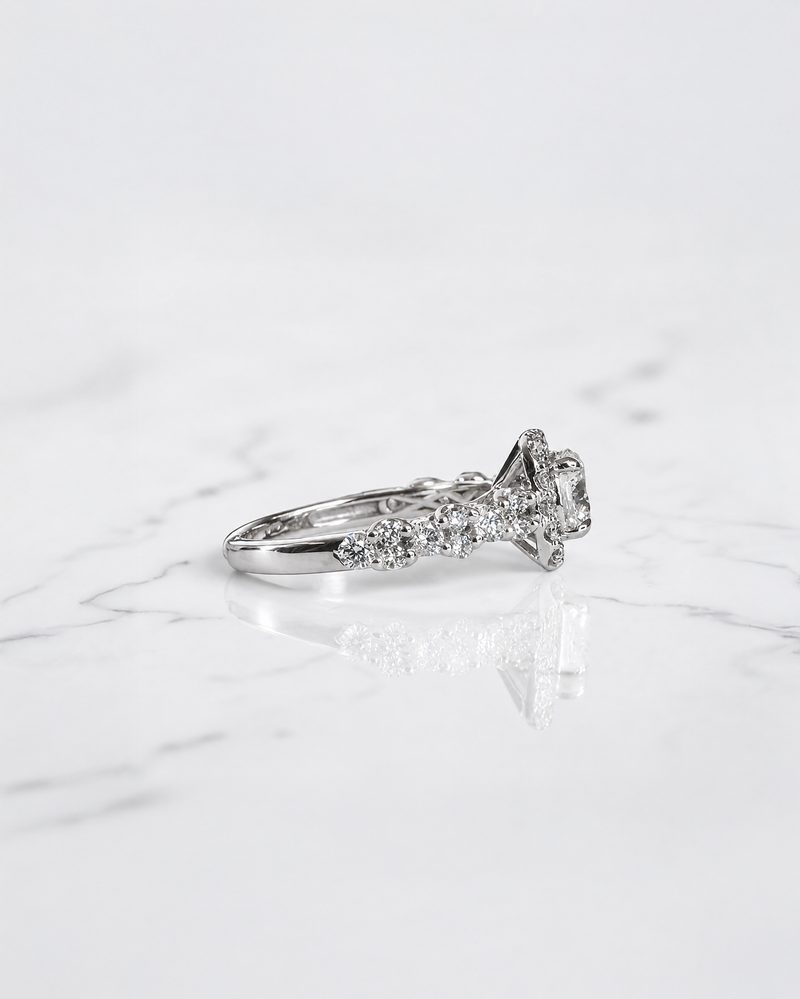 1ct round halo lab grown diamond engagement ring with fancy diamond set shoulders, 1.75ct total diamonds, handcrafted in 9ct white or yellow gold.