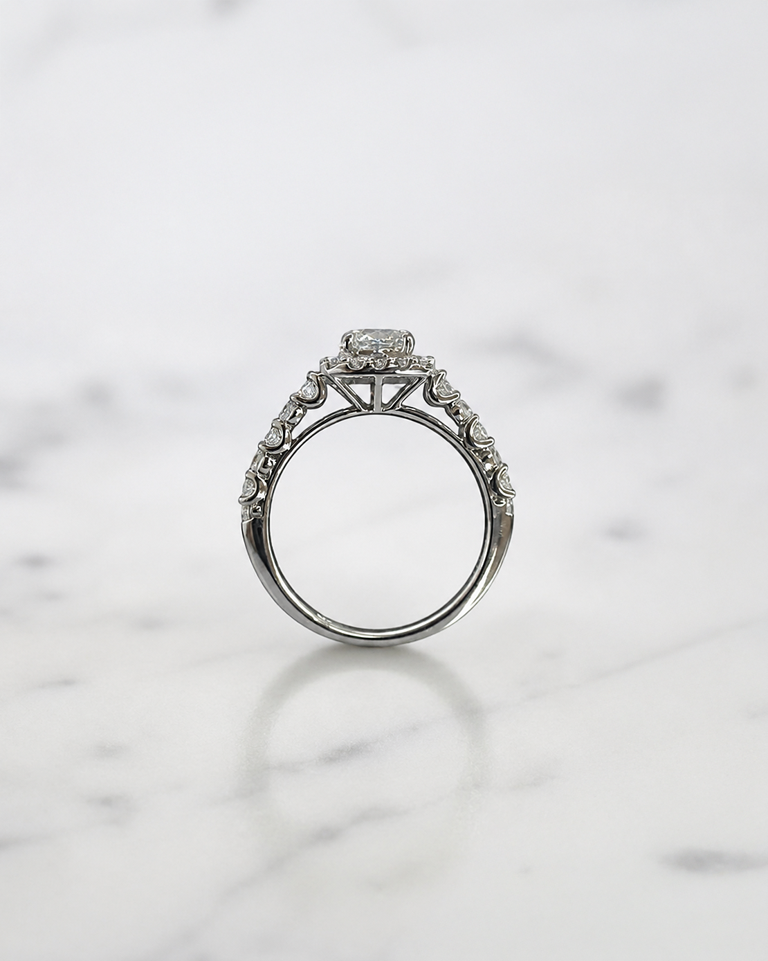 1ct round halo lab grown diamond engagement ring with fancy diamond set shoulders, 1.75ct total diamonds, handcrafted in 9ct white or yellow gold.